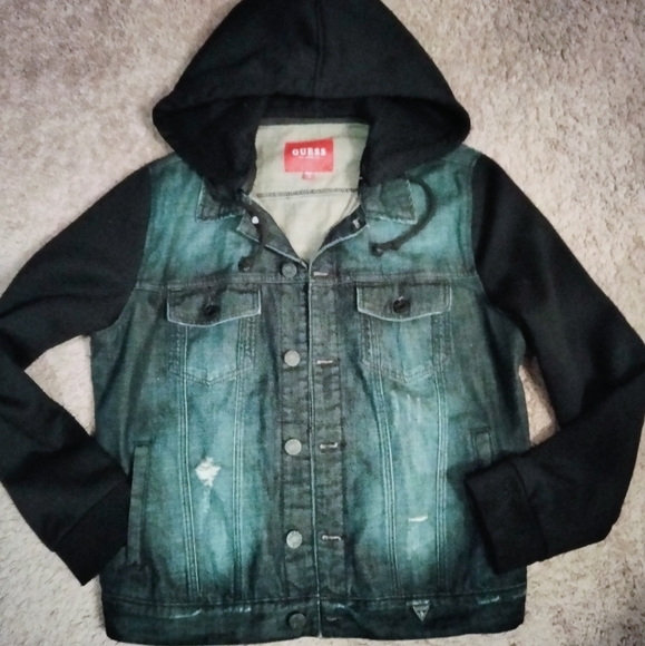 Guess (Size L) Dark Wash Distressed Denim & Hooded Combo Sweater Jacket - Picture 2 of 9